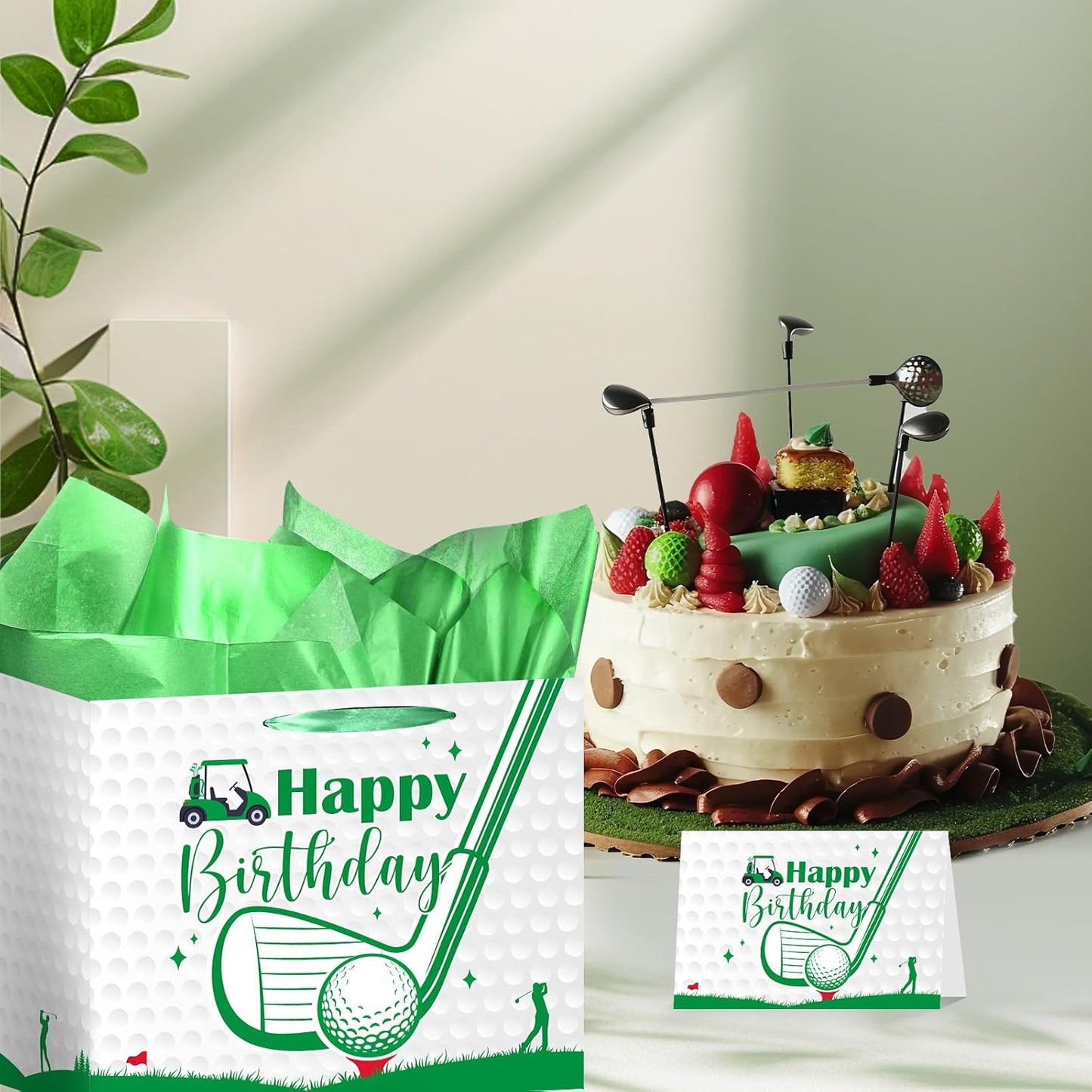 Luvsweets Golf Birthday Gift Bag - Green Gift Wrapping Bag with Tissue Paper and Greeting Card for Men Boys, Golf Party Favors, Sports Themed Birthday Decorations Supplies