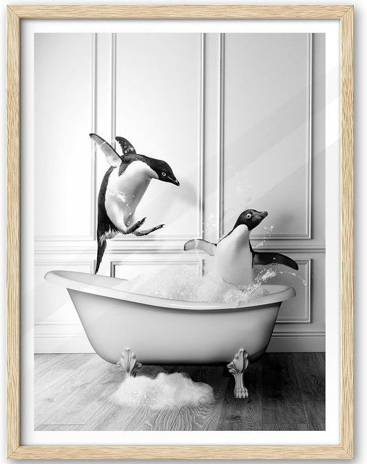 iHery Natural OAK Wood Framed Wall Art, 12x16 in Funny Bathroom Wall Art Decor, Penguin Bathing Animals Canvas Prints, Black and White Wall Decor Pictures For Bedroom Living Room Set of 1