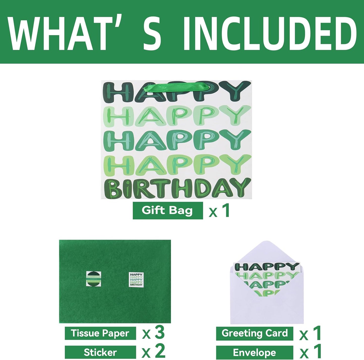 13'' Large Green Happy Birthday Gift Bag Set with Handles, Greeting Card, Tissue Papers and Stickers for Women Girls Men Boys Kids Teens, Words Design, 1 Pcs