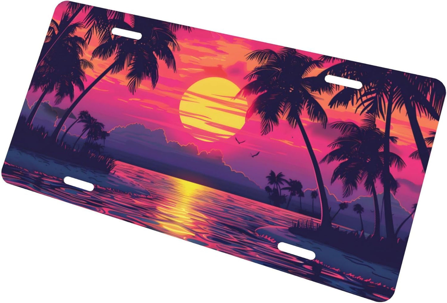 Palm Tree Ocean Sunset License Plate Funny Aluminum Front License Plates Decorative Waterproof Rust-Free Metal Car Plate Covers for Women Men Car Tag Accessories fit Truck SUV Rv 12 X 6 Inch