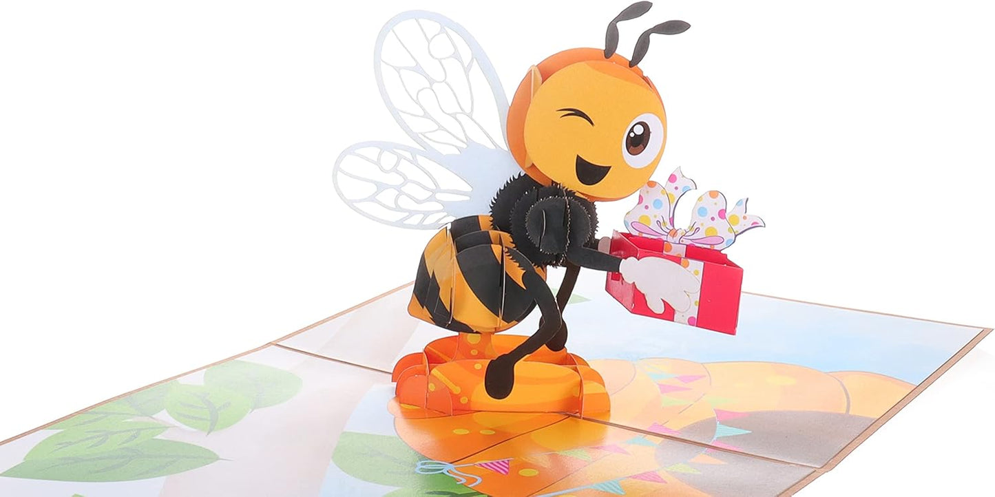 iGifts And Cards Happy Bee Day 3D Pop Up Greeting Card – Honey Bee With Present, Gift For Bee Lovers, Thinking of You, Mother's Day Card, Beehive Present For Wife, Fun Birthday Gift