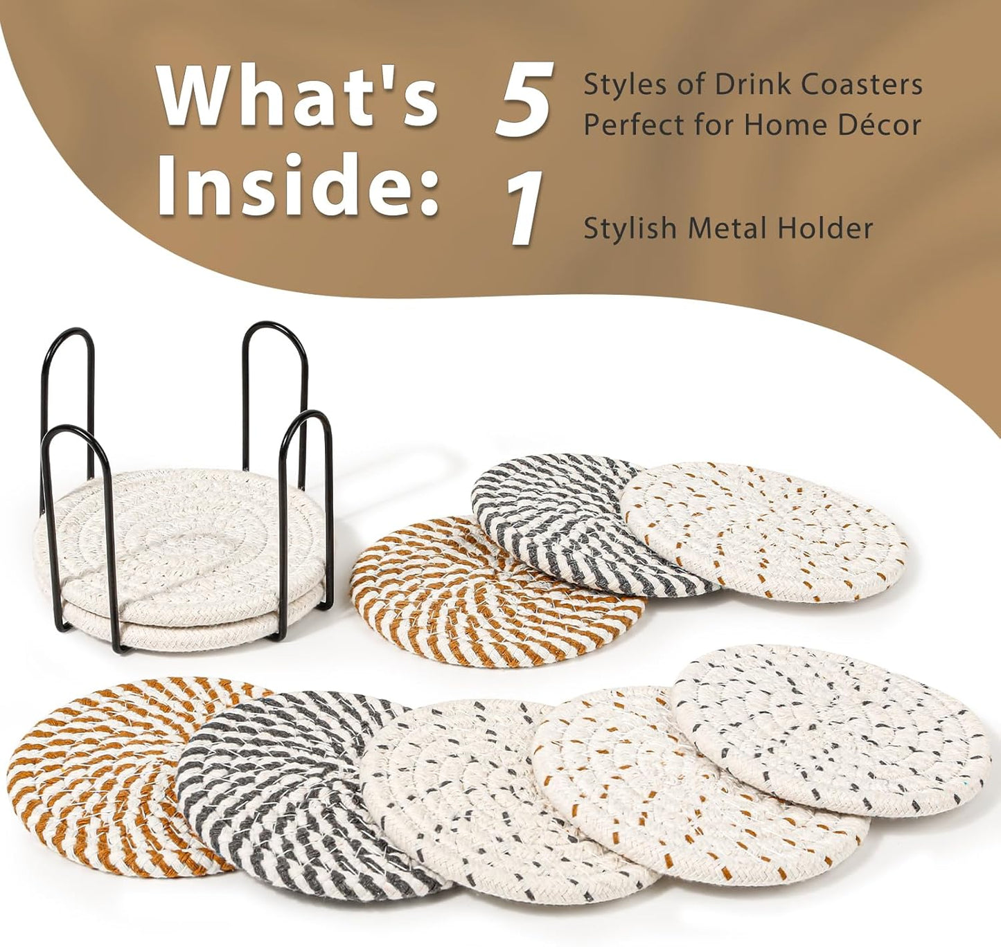 Mckanti 10 Pcs Drink Coasters with Holder, 5 Colors Absorbent Coasters for Drinks, Minimalist Boho Coasters Cotton Woven Coaster Set for Home Decor Tabletop Protection Suitable for Kinds of Cups