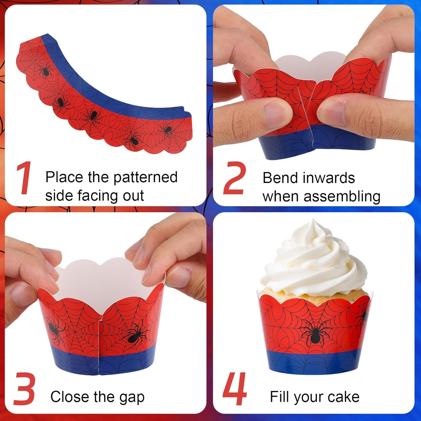 36pcs Spider Cupcake Wrappers, Spider Web Theme Cupcake Liners Paper Cups for Baking Muffin Cakes Ice Cream Dessert Decor Birthday Wedding Supplies (Red, Blue)