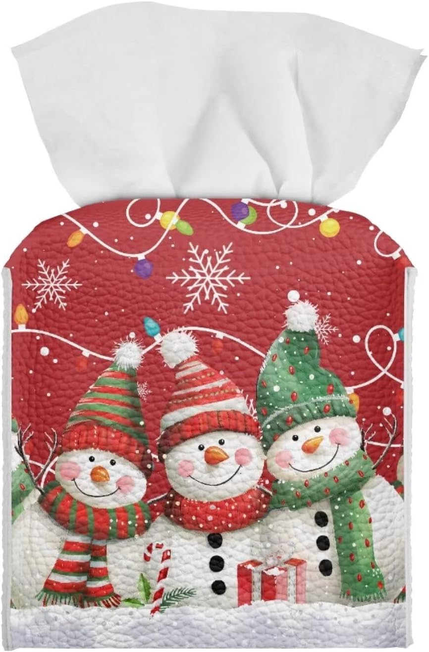 Christmas Tissue Box Cover Square Snowman Decorative Tissue Box Cover Holder Waterproof Soft PU Leather Tissue Holder Case Dispenser for Bathroom Cute Home Decor Easy to Carry 5x5x5 Inch