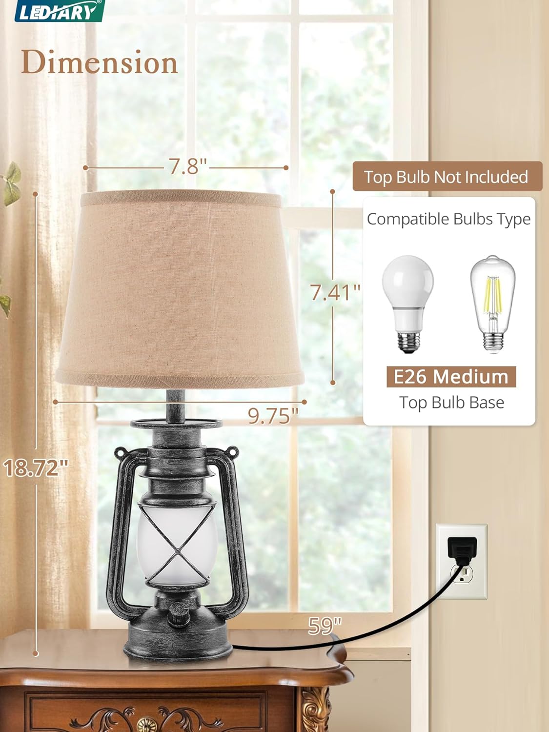 LEDIARY 18.72" Sliver LED Lantern Flickering Flame Table Lamps for Bedrooms Set of 2, Small Farmhouse Rustic End Table Lamps, Halloween Decorative Lantern Bedside Lamps for Living Room