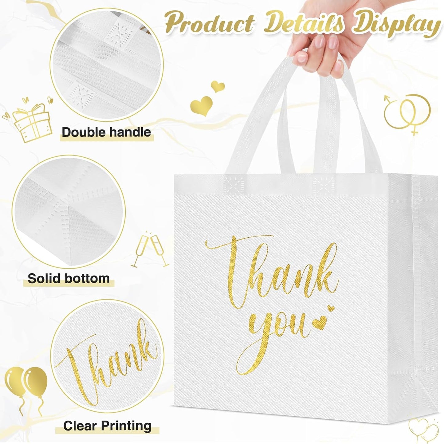 Sweetude 30 Pcs Thank You Gift Bags with Handles Bulk Reusable Goodie Bag Non Woven Foldable Handbag for Graduation Wedding Bridesmaid Gifts(11 x 12 x 5 Inch,White)
