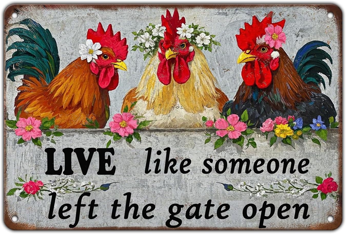 Funny Farmhourse Chicken Coop Metal Tin Signs 12x8 Inch Vintage Chicken Decor Sign Live Like Someone Left The Gate Open Poster Home Kitchen Garden Restaurant Rooster Outdoor Wall Art Decor