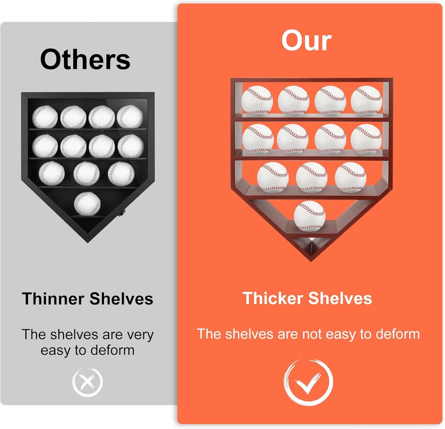 Baseball Display Case,Baseball Holders for Balls,12.8x16 inches Large Cherry Shadow Box for 12 Baseballs Wall Mount,Without Door,for Home Run and Collector Autograph Balls