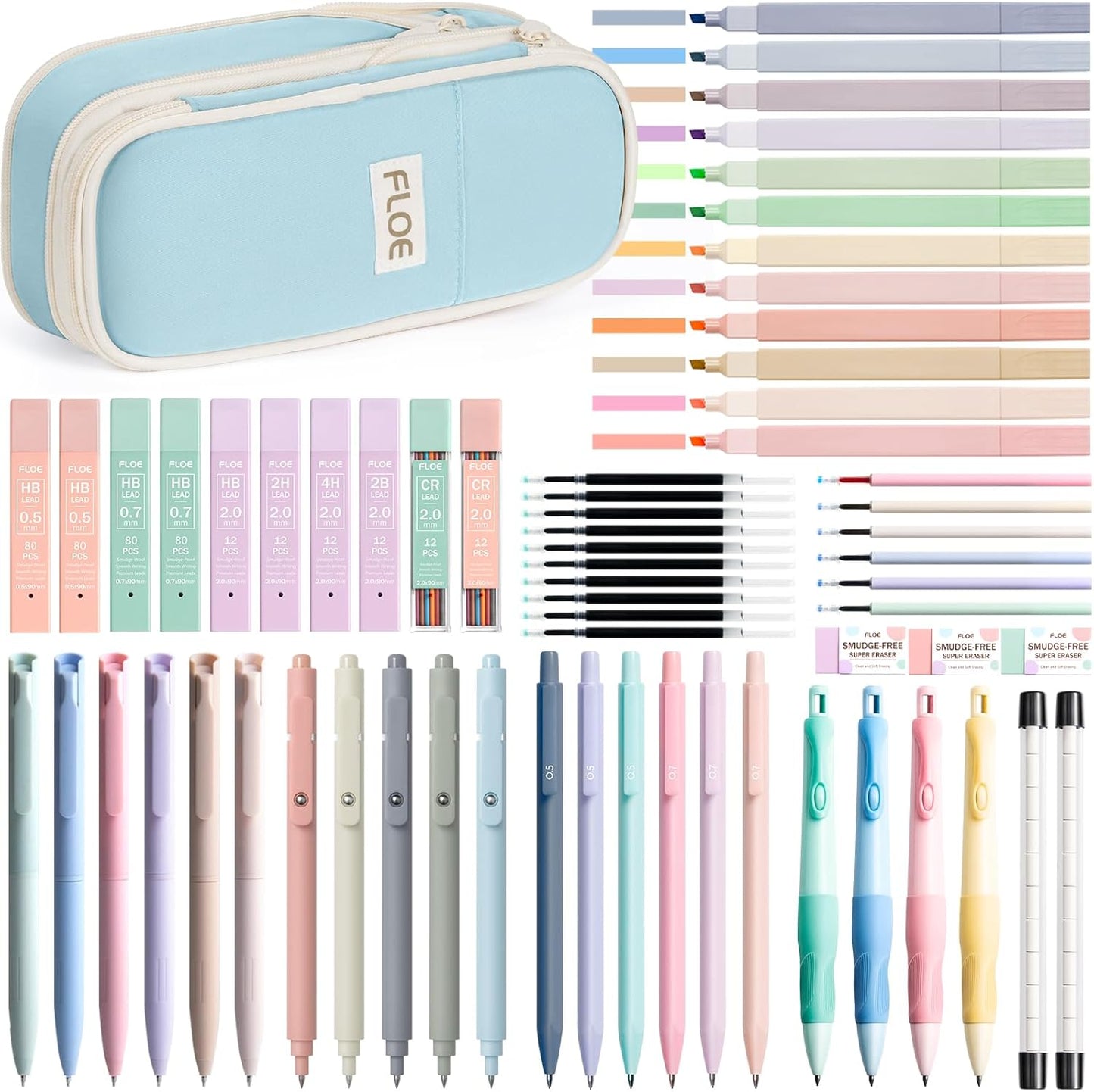 65PCS Aesthetic School Supplies with Cute Pencil Case, Pastel Highlighters Gel Pens Mechanical Pencils Set 0.5 0.7 & 2.0mm, Office Back to School Supplies College Essentials Kit Student Stationary Set