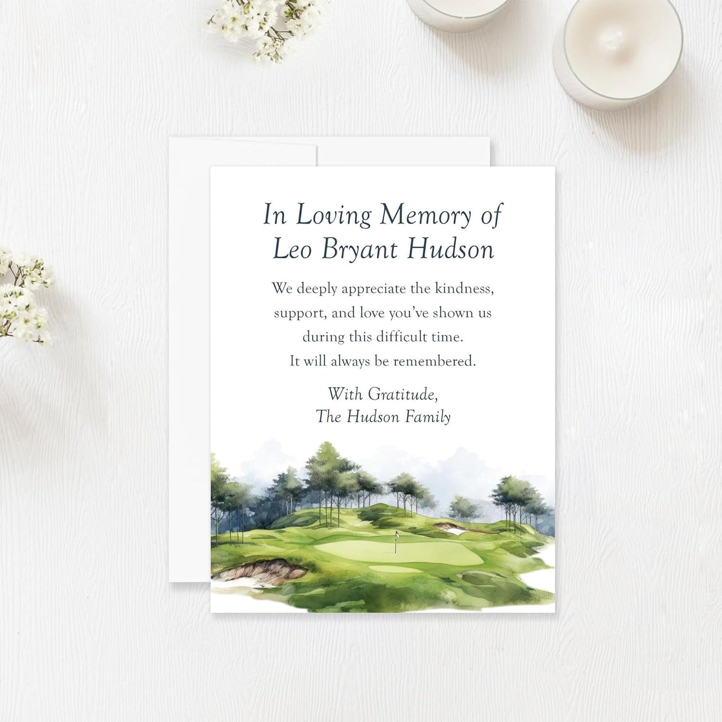 Golf Sympathy Thank You Notecards, In Loving Memory Watercolor Funeral Thank You, 4.25 x 5.5 (A2) Flat Memorial Cards, Custom Name Bereavement Acknowledgement with Envelopes