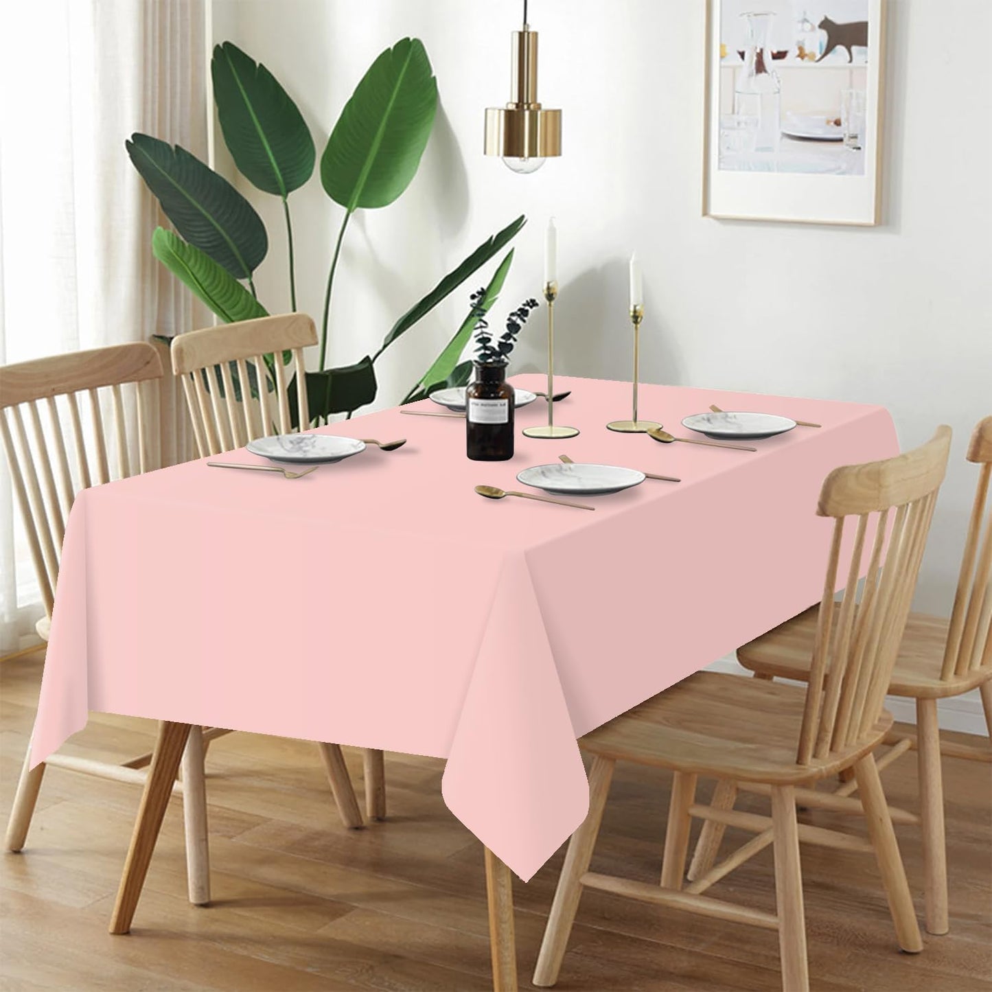 QIKSION Plastic Table Cloth Disposable 2 Pack, 54 x 108 Inch Tablecloths for Rectangle Tables, Blush Pink Plastic Table Cover