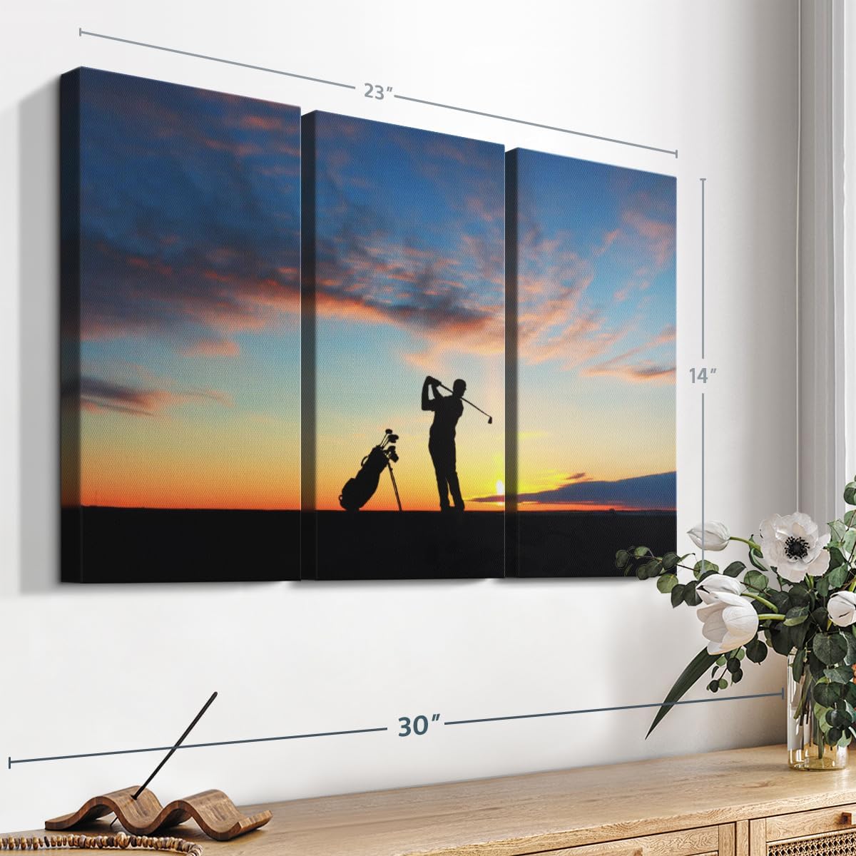 ElephantStock Golfing At Sunset Wall Art - Horizontal Canvas - 3-Piece Living Room Wall Decor - Golf Photography Canvas Print - Black and Orange Decor for Wall - 23" X 14"