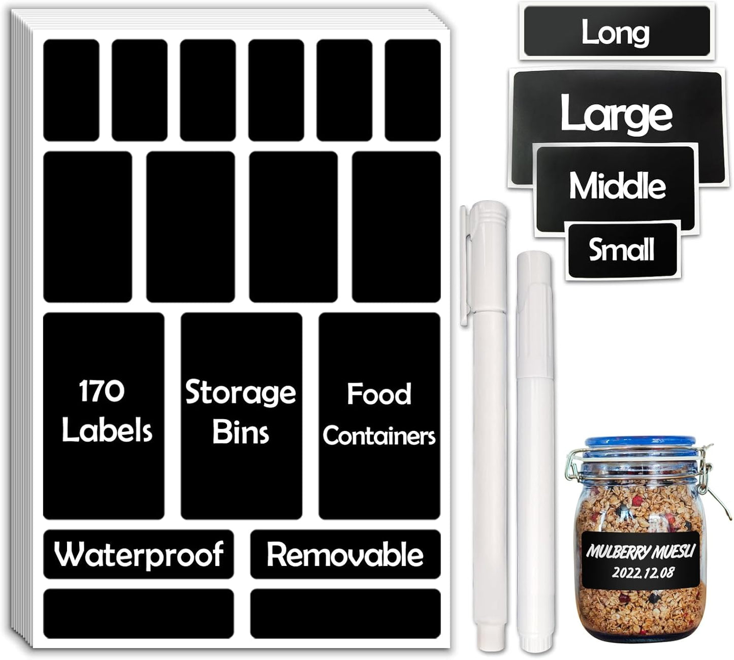 170Pcs Black Removable Labels for Jars,for Storage Bins,for Food Containers with 2 Liquid Chalk Marker(Black)