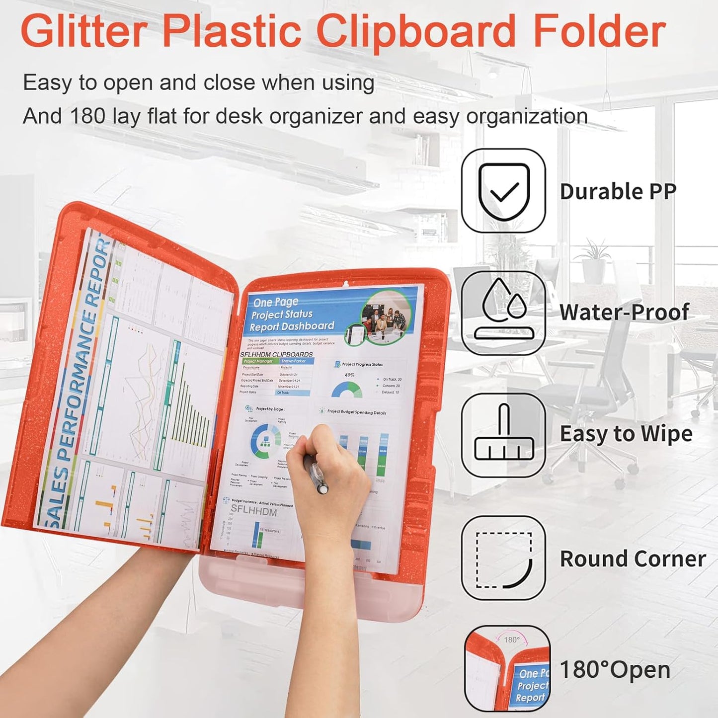 Glitter Clipboard with Storage,Storage Clipboard with Pen Holder,A4 Binder Clip Boards 8.5x11 with Low Profile Clip,Side Opening Sparkle Clipboards, Clipboards Folder for Office Supplies-Orange