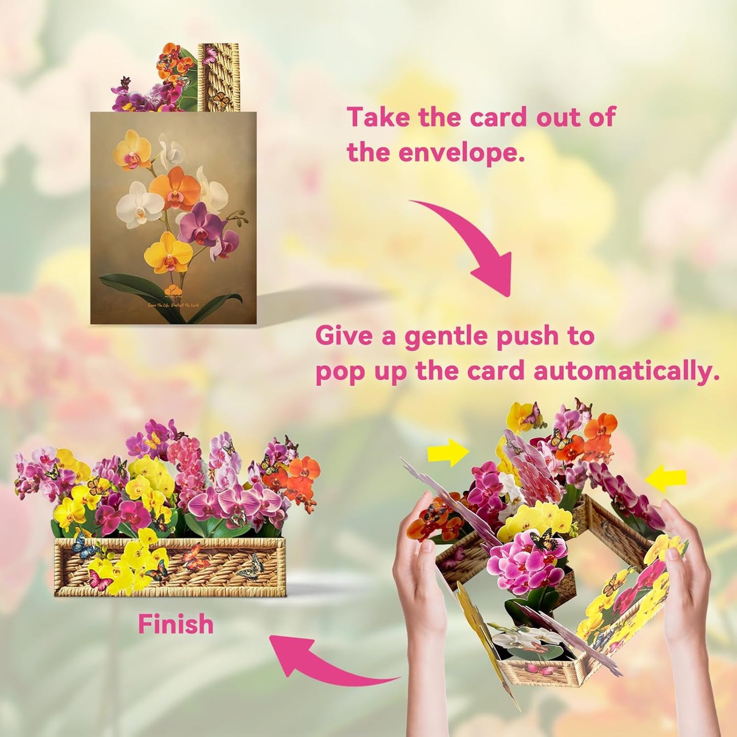 Paper Pop Up Orchid Bouquet Flower Card for Birthday, Holidays, Encouragement, Graduation Gift With Note Card & Envelope (Phalaenopsis Garden)