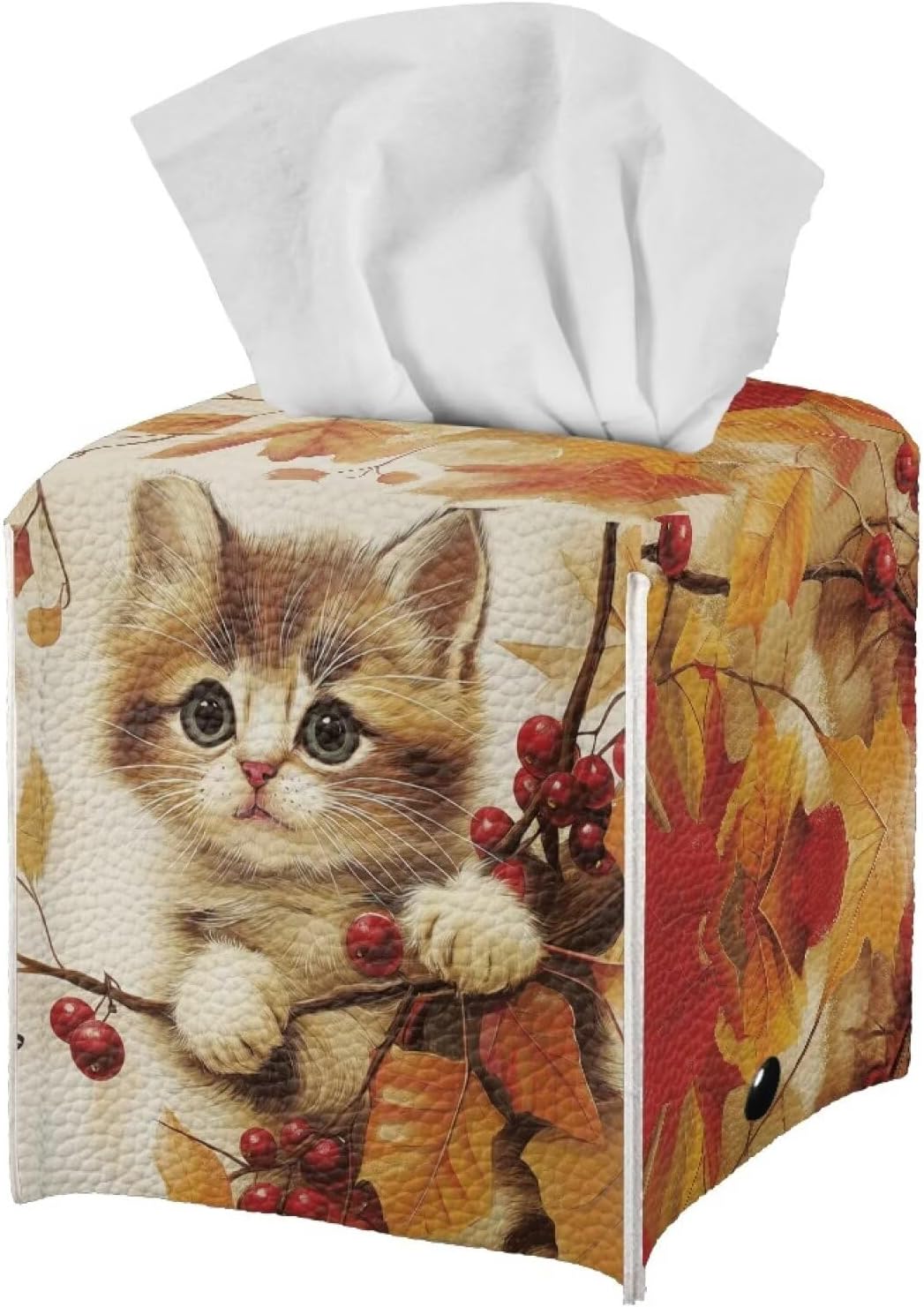 Cute Cat Tissue Box Cover Cube Leather Tissue Box Holder Thanksgiving Facial Paper Organizer 5x5x5 inch Mordern Home Decor Accessories Fall Leaf Print