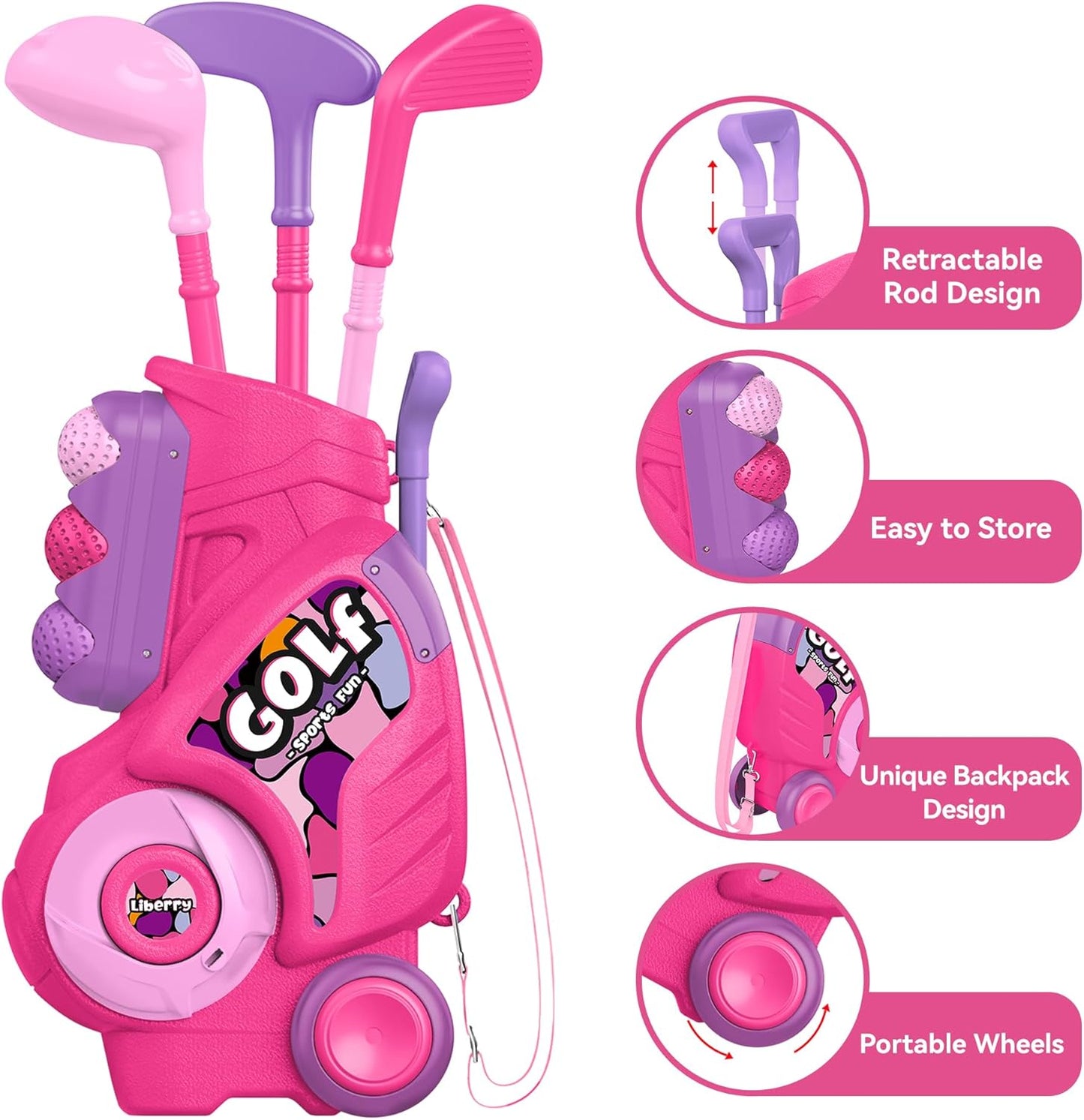 Liberry Toddler Golf Set with Putting Mat for 2 3 4 Years Old Boys Girls, Upgraded Kids Golf Cart with Unique Shoulder Strap Design, Indoor and Outdoor Golf Toys Gifts (Pink)