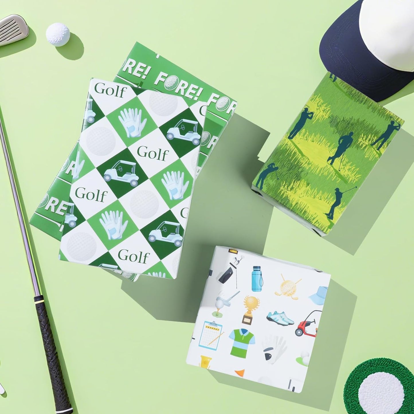 Golf Wrapping Paper 12 Sheets Carts Bags Fore Designs Gift Wrap for Golf Lovers, Players, Coaches, 20"×28"