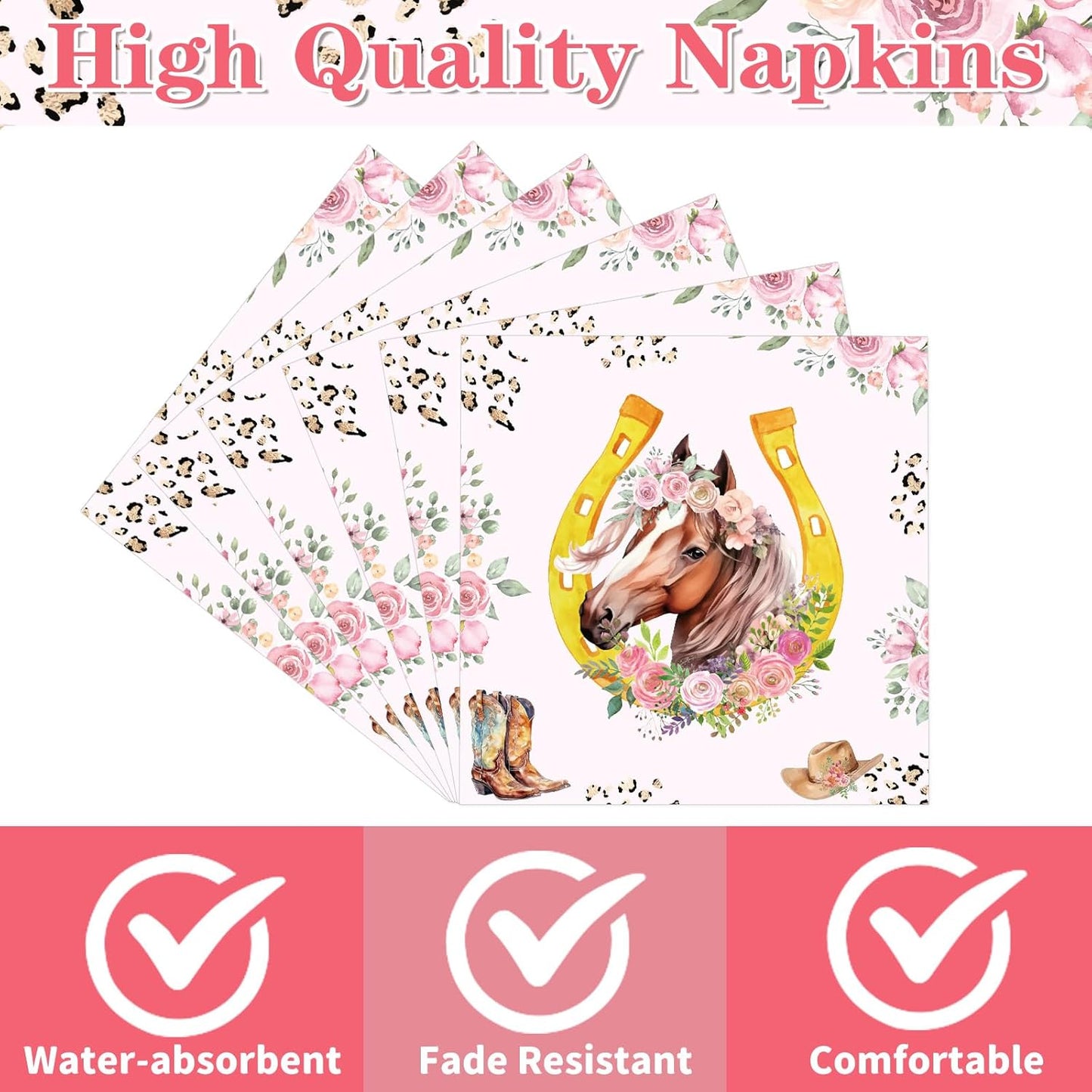 Horse Birthday Napkins Decorations for Girls, 50PCS Floral Cowgirl Party Napkins Decor, Disposable Western Horse Paper Napkins Set Supplies Size 6.5 Inch