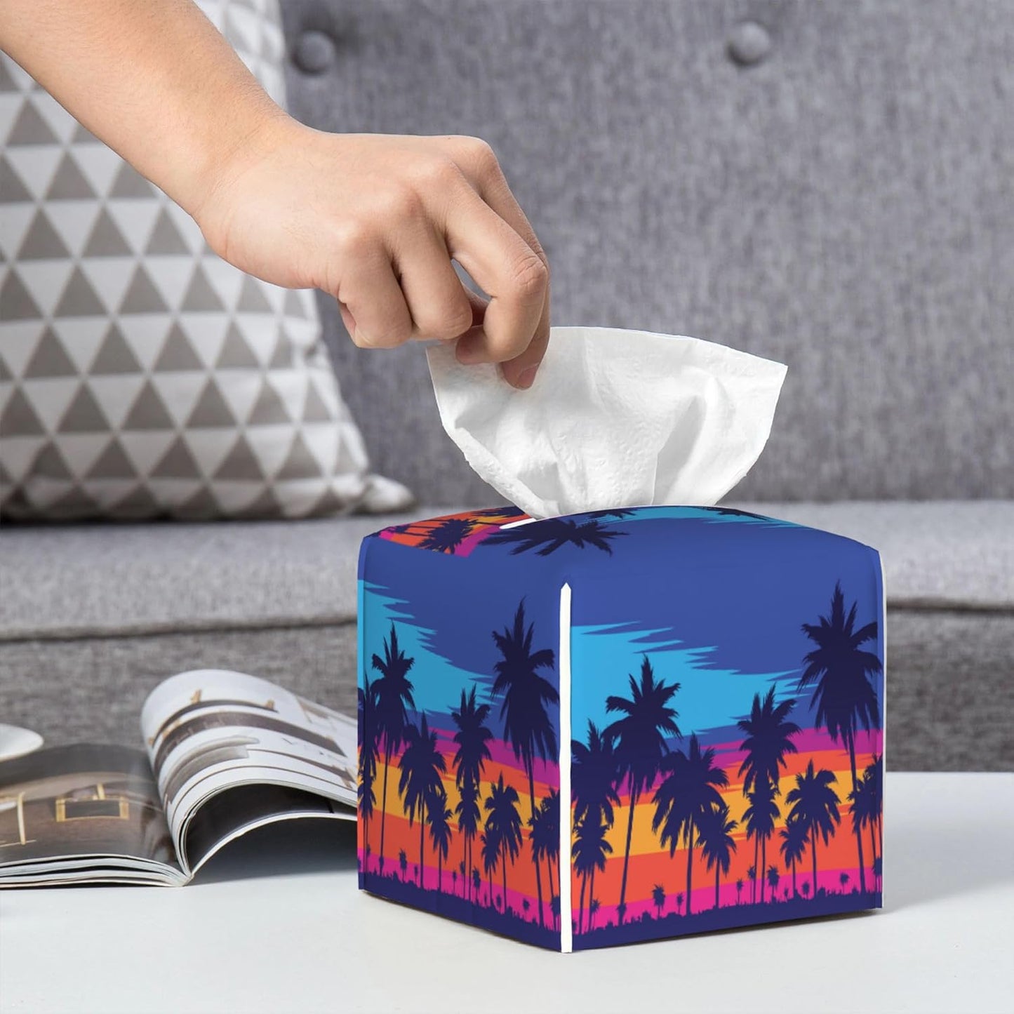 Leather Tissue Box Holder Palm Trees at Sunset Tissue Box Cover Square Waterproof Tissue Holder Organizer Modern Napkin Holder for Bedroom Dresser Night Stand Office Desk