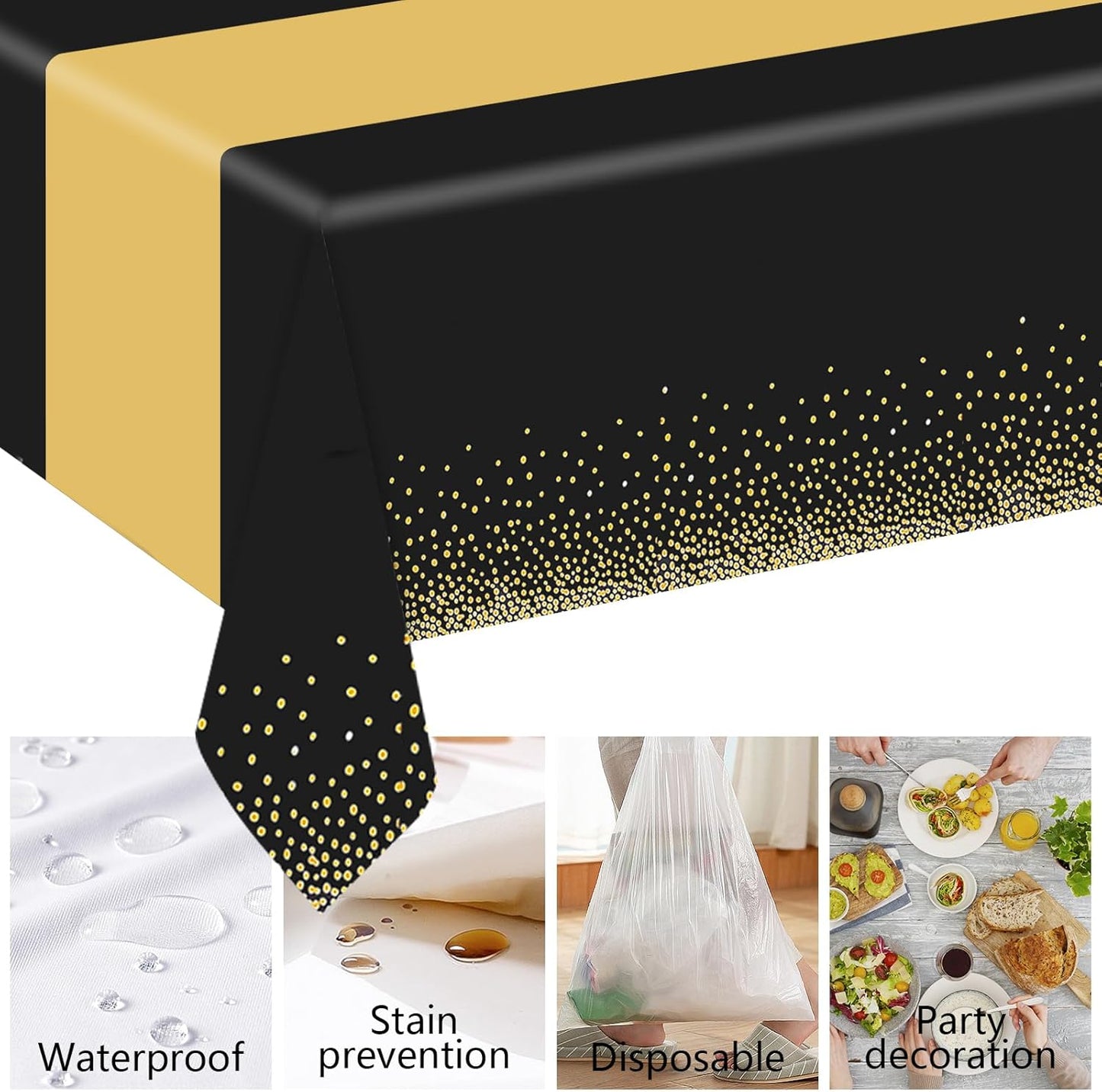 6 Pack Rectangle Plastic Dot Tablecloth Set, 54 X 108 Inch Plastic Table Cover, 12 x 108 Inch Satin Table Runners for Wedding Graduation Birthday New Year Party Decorations (Black, Gold)