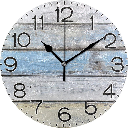 White and Blue Wood Texture Wall Clock Battery Operated Non Ticking Silent Quartz Analog Rustic Farmhouse Round Clock Retro Decor for Home Kitchen Living Room Bathroom