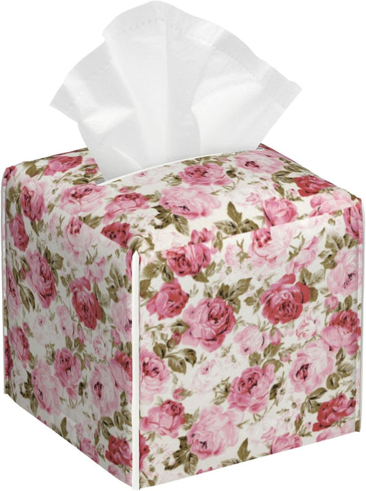 Vintage Rose Flowers Leaves Tissue Box Cover Square,Pink Floral Plants Tissue Box Holder Waterproof Leather Facial Paper Organizer Dispenser for Bathroom Home Car Nightstand Vanity Desk