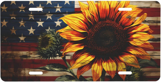 Front License Plate for Car Designs American Flag Sunflower Flower Stainless License Plate Cover Holder for Men Women Metal Aluminum Decorative Accessory Vanity Tag Standard 6 X 12 Inch (4 Holes)