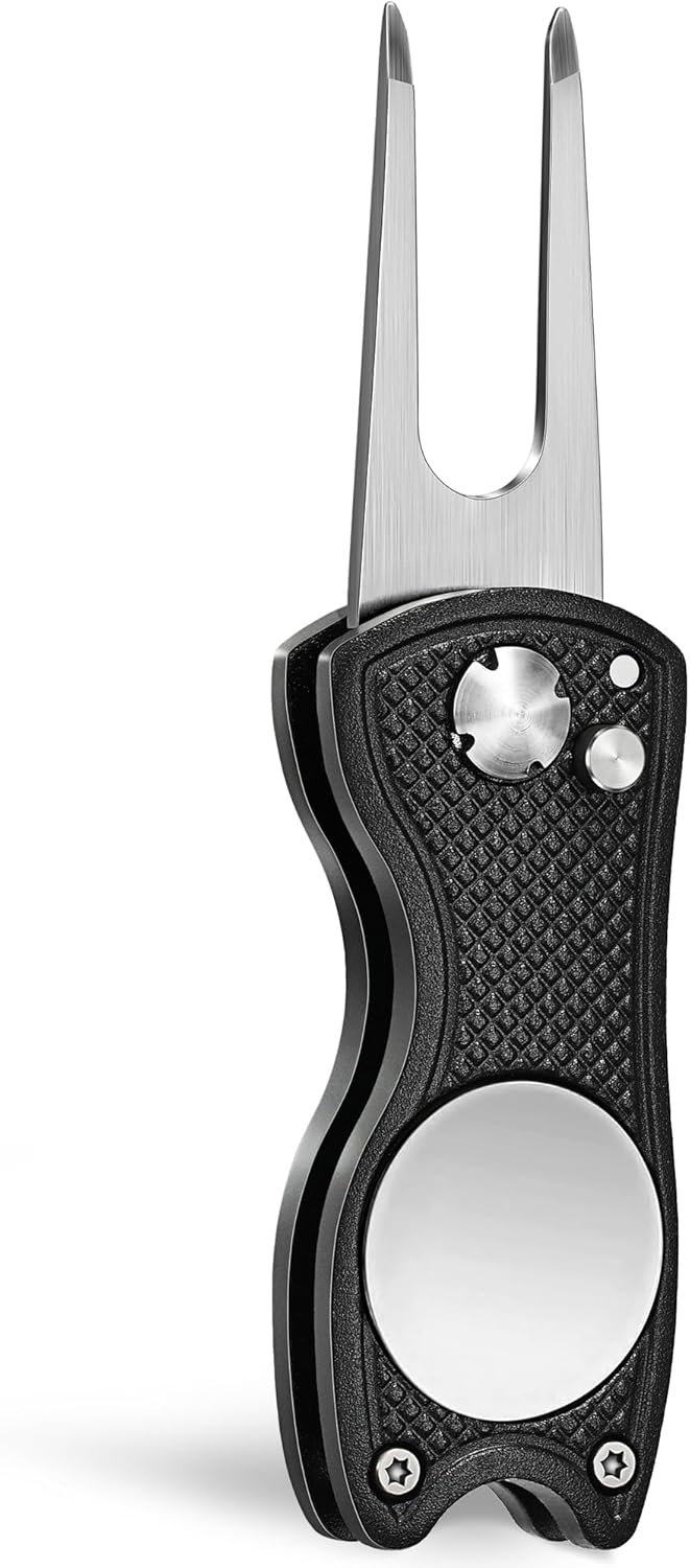 Mile High Life Golf Divot Repair Tool, All Metal Foldable Divot Tool with Pop-up Button & Magnetic Ball Marker, 2-6 Pack