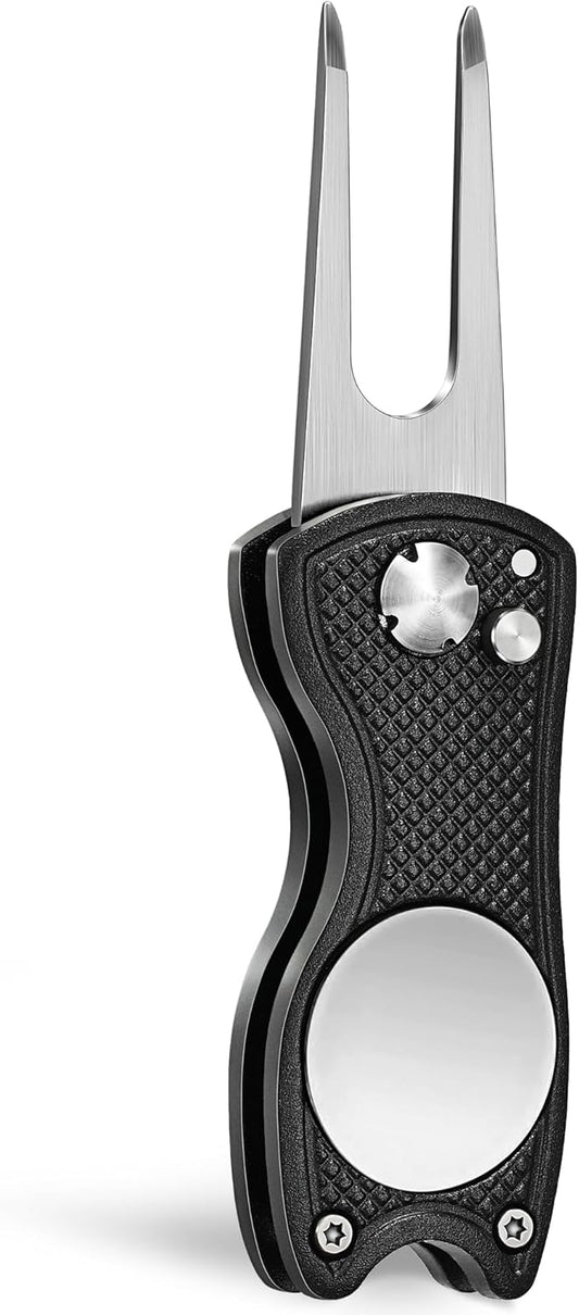 Mile High Life Golf Divot Repair Tool, All Metal Foldable Divot Tool with Pop-up Button & Magnetic Ball Marker, 2-6 Pack