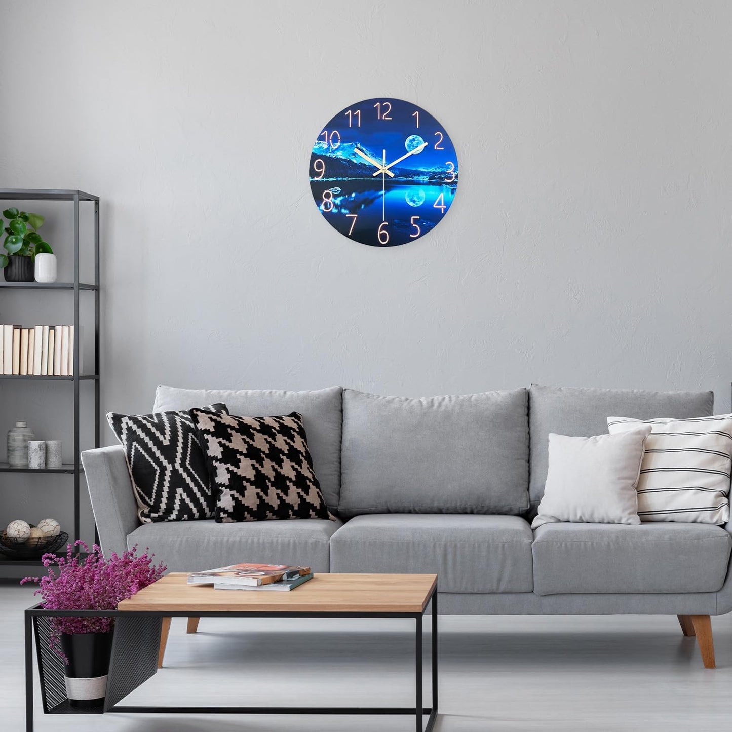 Big Wall Clocks Battery Operated 16 Inches or Larger Glass Moon Clock for Kitchen Blue Wall Clock Non Ticking