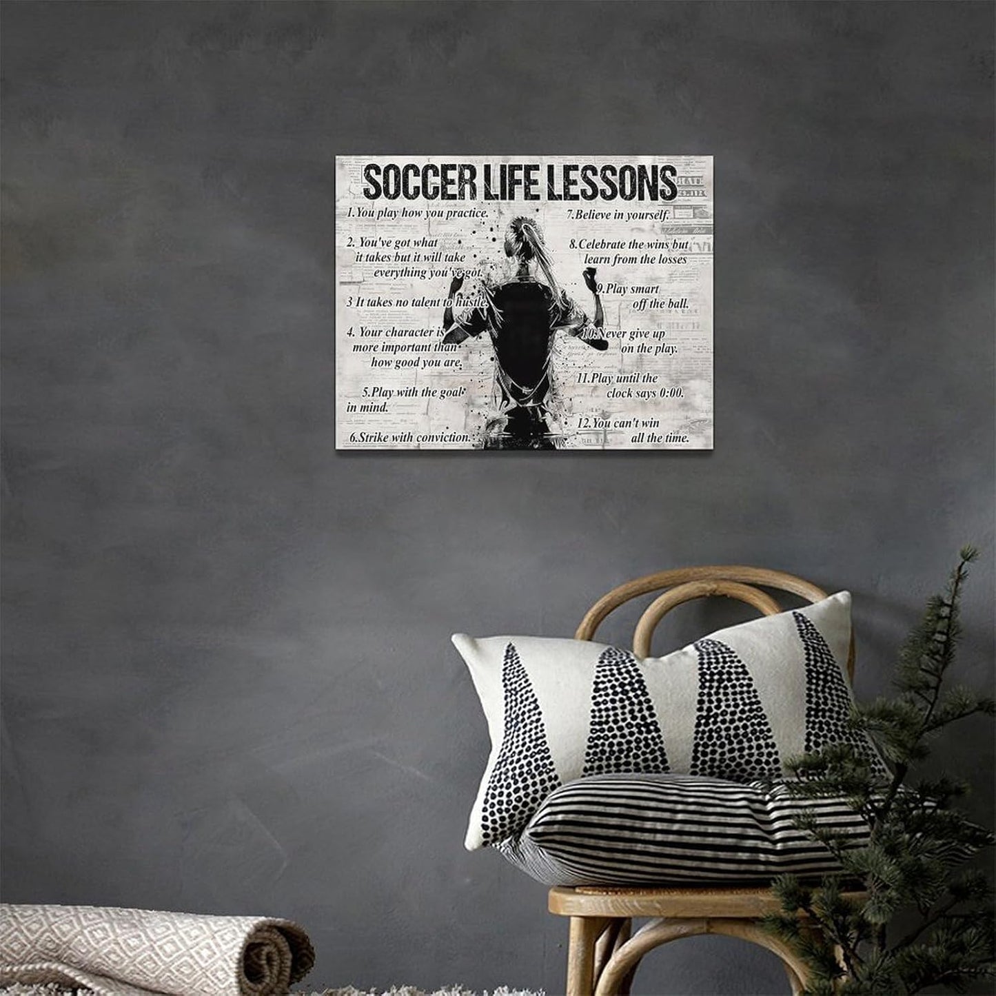 Soccer Sports Wall Art Soccer Life Lessons Wall Decor Soccer Sign Retro Poster Boy Men Motivational Decorations Canvas Print Painting Artwork for Bedroom Bathroom Living Room Gym 16"x12"