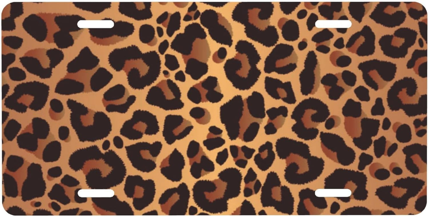 Leopard Print Animal Cheetah Front License Plate for Car Designs Stainless License Plate Cover Holder for Men Women Metal Aluminum Decorative Accessory Vanity Tag Standard 6 X 12 Inch (4 Holes)