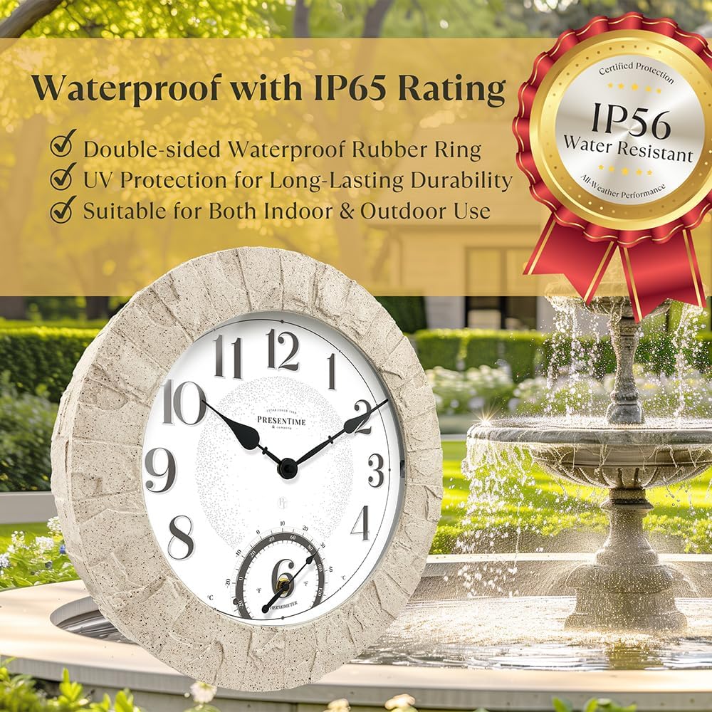 Presentime & Co 14" Illuminated in/Outdoor Clock with Smart Sensor and Night Light, Waterproof, Large Wall Clock with Thermometer & Hygrometer, for Garden and Patio - Coastal Sandstone Finish.