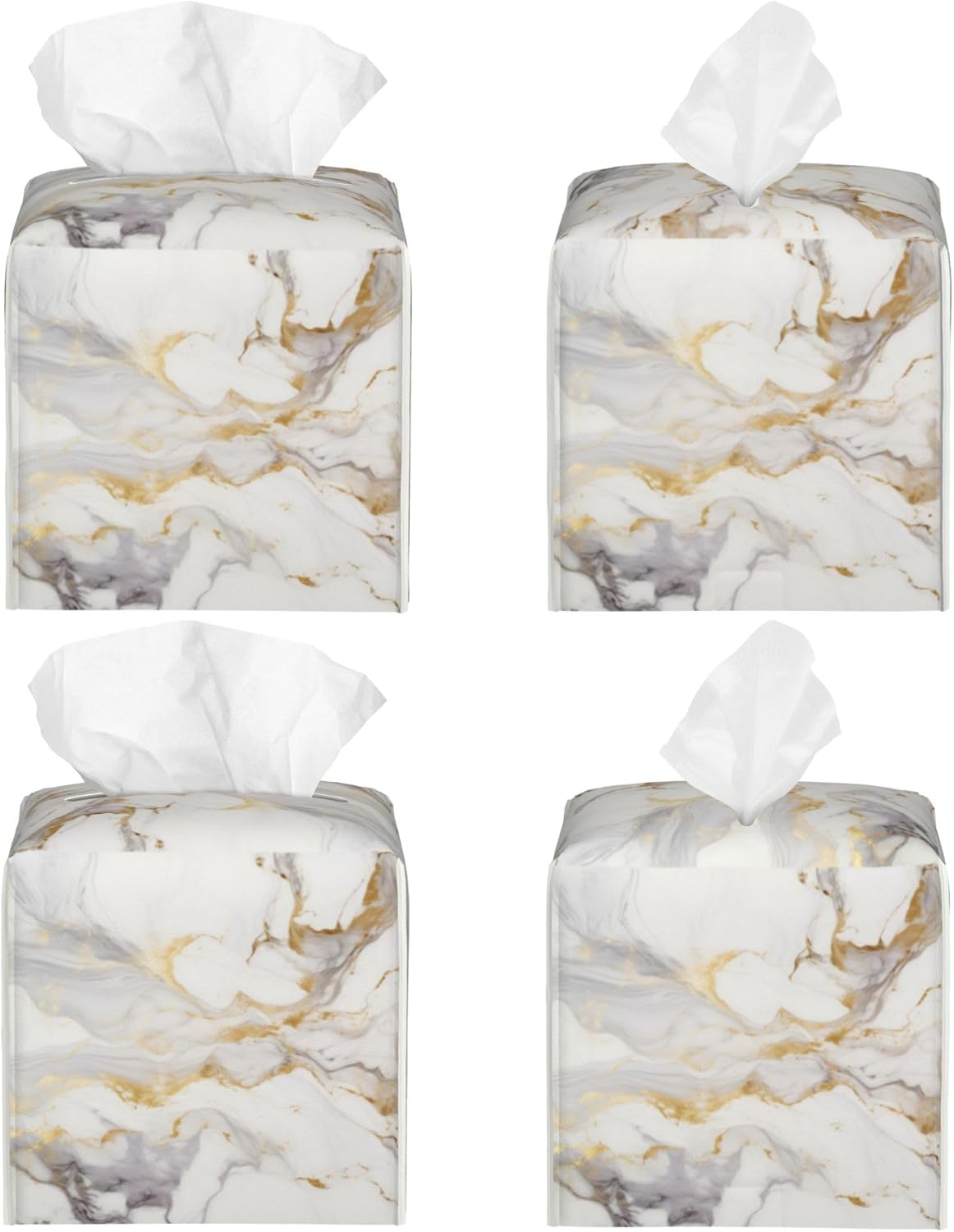 White Gold Marble Tissue Box Cover Square, Modern Abstract Marble Texture Tissue Box Holder Waterproof Leather Facial Paper Organizer Dispenser for Bathroom Home Car Nightstand Vanity Desk
