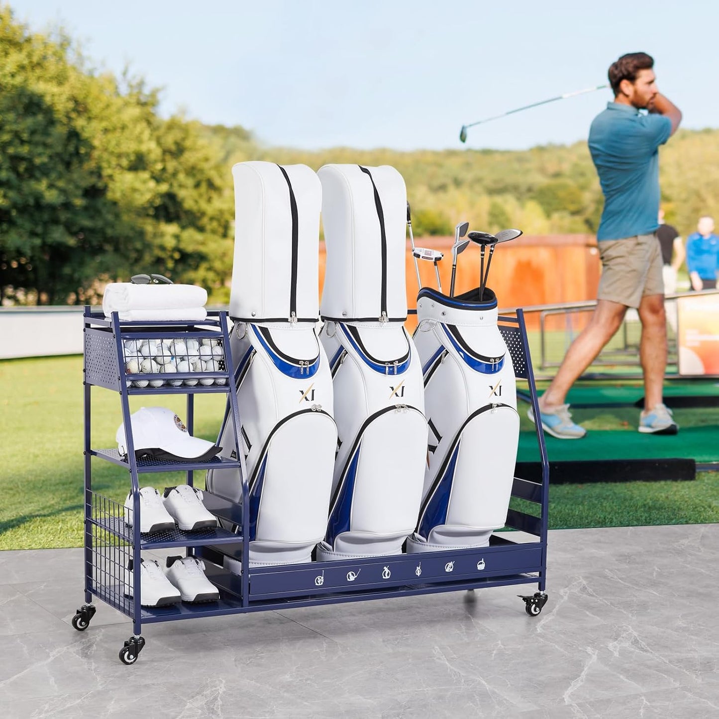 Lauren&Harold Golf Bag Organizer Garage Storage, Golf Storage Rack Stand Fits 2 Golf Bags, Golf Clubs and Other Golfing Equipment Accessories, Golf Organizer for Garage, Club, Shed, Basement