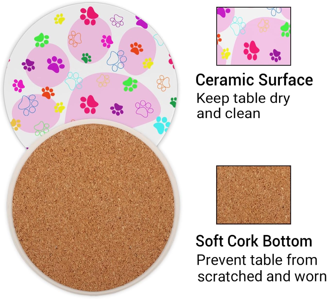 Ceramic Coasters for Drinks with Cork Back, Colorful Paw Prints On Pink 4 Inch Absorbent Coaster Set 2 Pack, Quick Dry Non-Slip Coaster Mats for Home, Office, Bar