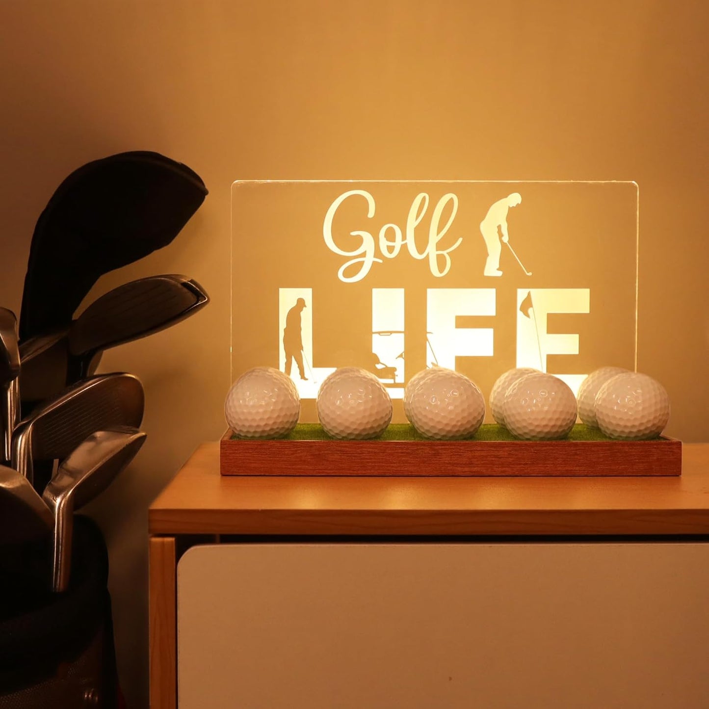 Golf Ball Display Case, CoolGift Mart Light Up Golf Ball Holder for Display and Storage, Wooden Acrylic Accessories with Warm White Color Lights , Room Decor, Gift for Golfers