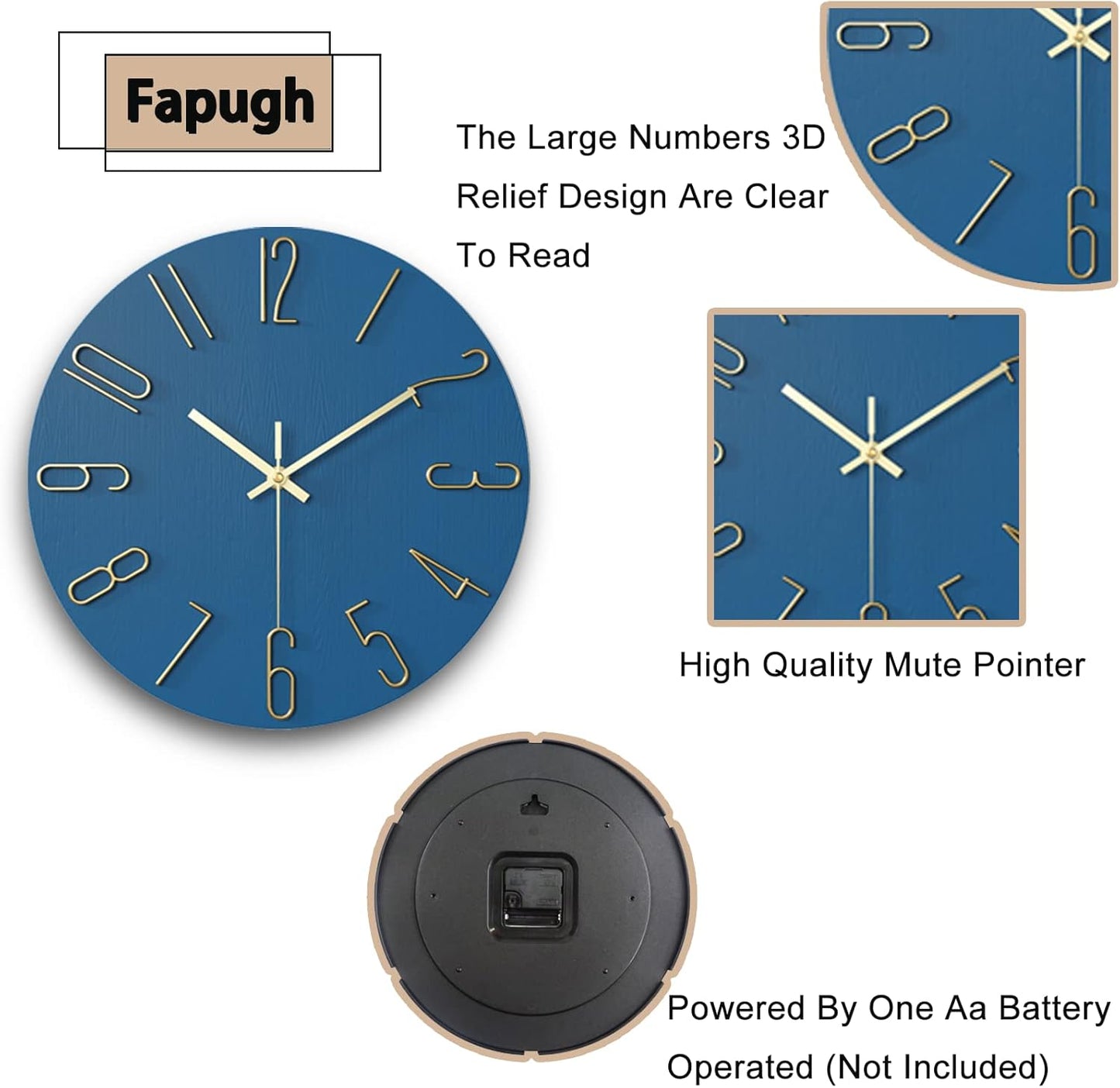 Wall Clock, Silent Clock, Wall Clocks Battery Operated， 12 inch Modern Wall Clock, Suitable for Offices, Living Rooms, Kitchens, Homes, Schools (Blue)