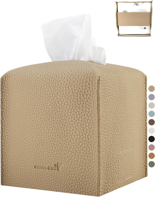 Tissue Box Cover 5X5X5'' PU Leather Tissue Holder Square Tissue Cube Box Organizer for Bathroom Vanity Countertop, Car, Night Stands, Office, Home, Kitchen (1Pack, Wood Apricot)