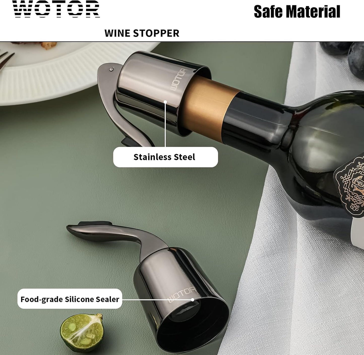 WOTOR Stainless Steel Wine Bottle Stoppers with Silicone - Reusable Wine Saver and Decorative Bottle Sealer, Leakproof, Keep Fresh, Metalblack, 2 Pack