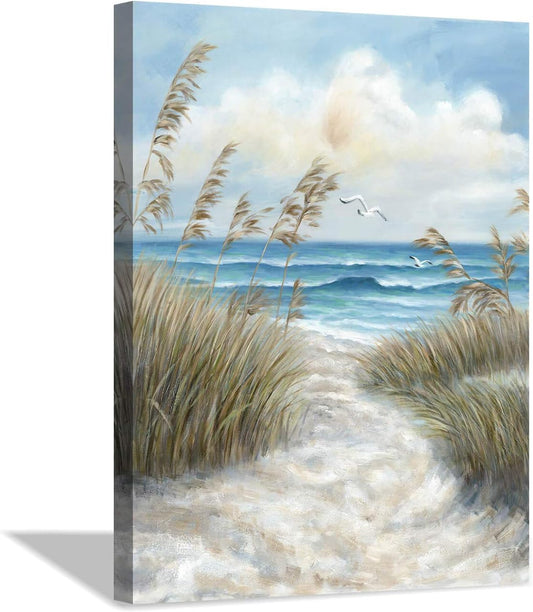 Abstract Beach Picture Wall Art: Sandy Path to Ocean with Sea Grass Artwork Painting for Bedroom (16'' x 12'' x 1 Panel)