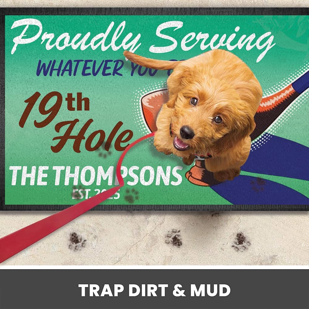 Personalized Golf Doormat – Retro 19th Hole Welcome Mat with Custom Family Name & Year – Proudly Serving Whatever You Bring – Vintage Golf Clubhouse Decor – Non-Slip Outdoor Entry Rug for Golf Lovers