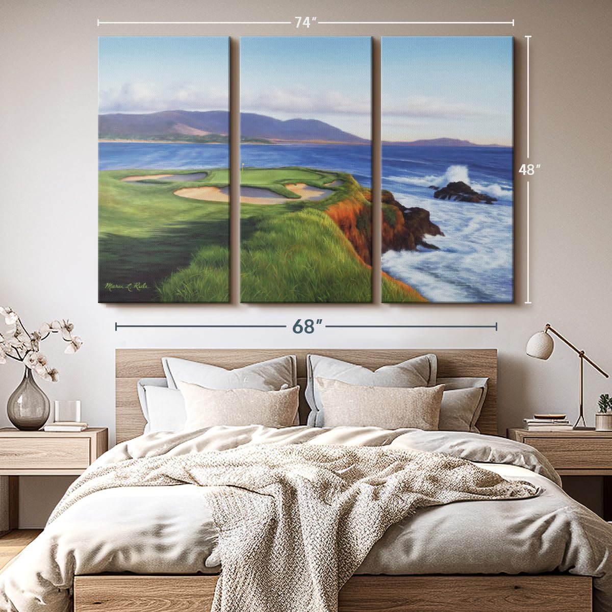 ElephantStock Pebble Beach 7th Hole Wall Art - Horizontal Canvas - 3-Piece Living Room Wall Decor - Painting Sports Canvas Print - Green and Blue Decor for Wall by Marci Rule - 74" X 48"