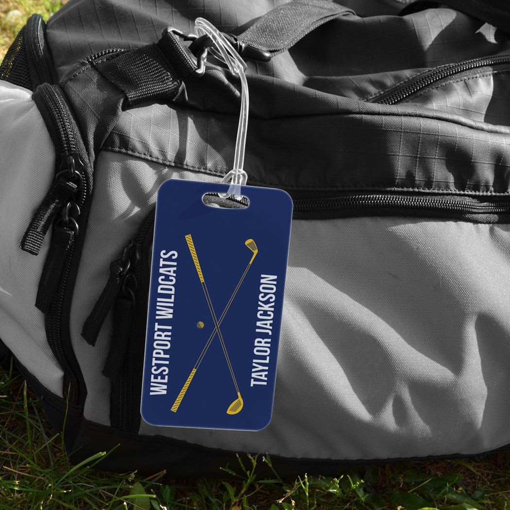 ChalkTalkSPORTS Golf Luggage & Bag Tag | Personalized Crossed Golf Clubs | Standard Lines on Back | Large | Navy/Gold
