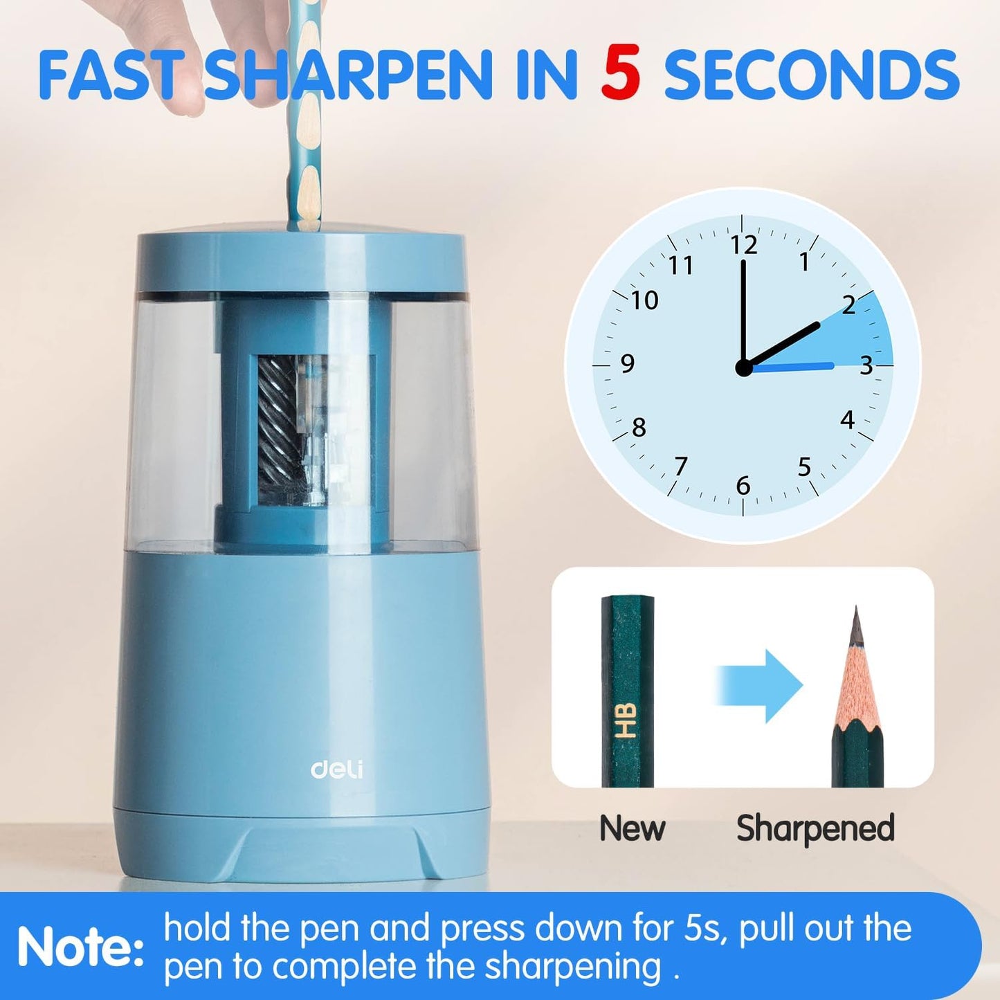 Deli Electric Pencil Sharpener, Automatic Pencil Sharpeners for No.2 Pencils Colored Pencils, Auto Stop, USB & Battery Operated for Kids, Students, Classroom, Home and Office, Blue