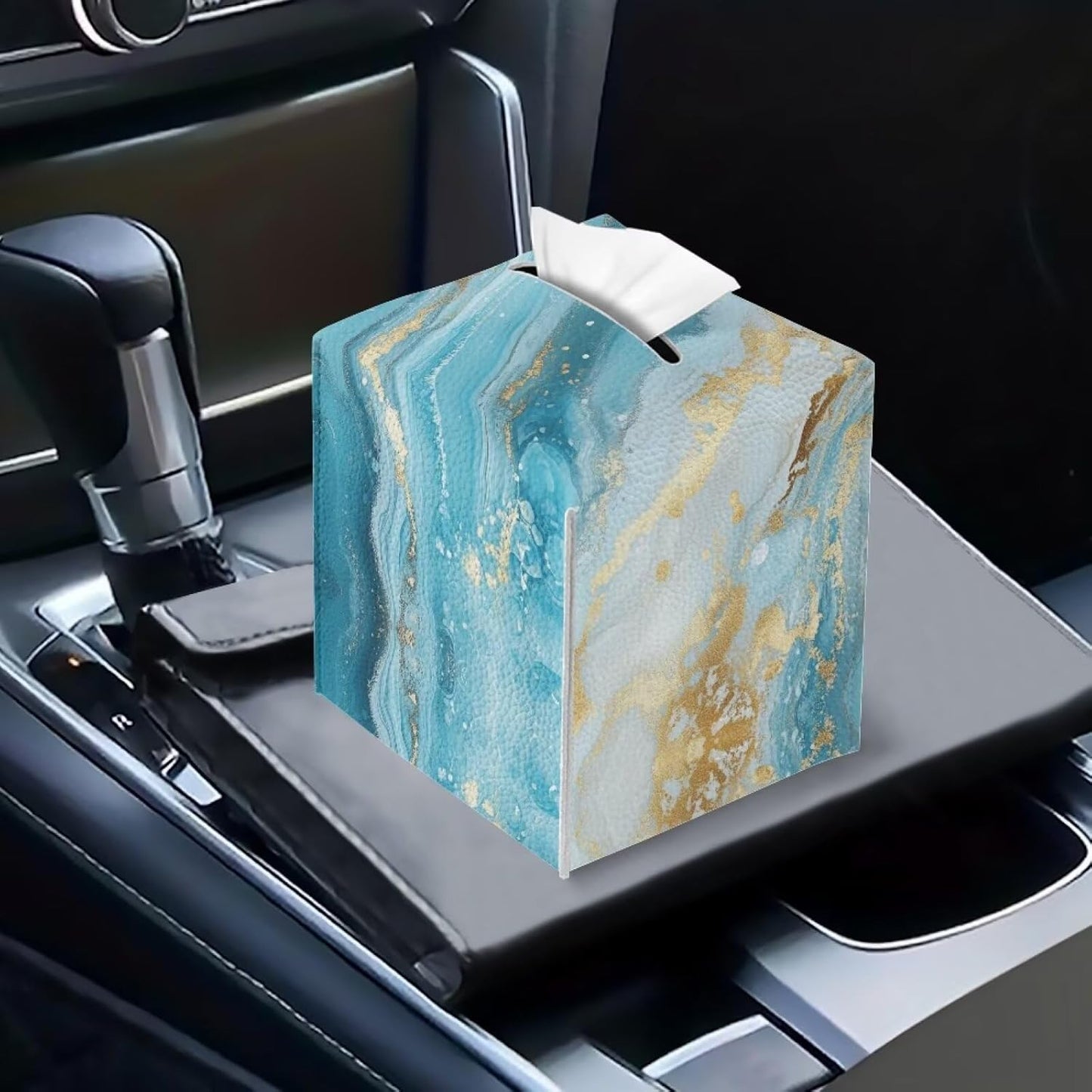 Marble Print Tissue Box Cover 5x5x5 inch Square PU Leather Facial Tissue Box Holder for Dresser Bathroom Decor Foldable Easy to Storage or Take