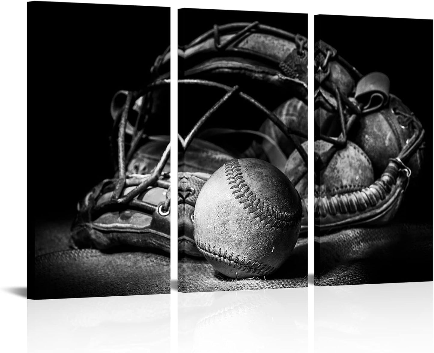 LevvArts Black and White Baseball Wall Art Sports Themed Poster Wall Decor Mens Bedroom Boys Room Decorations Vintage Ball Glove Pictures Print Home Gym Decoration 16"x32"x3PCS
