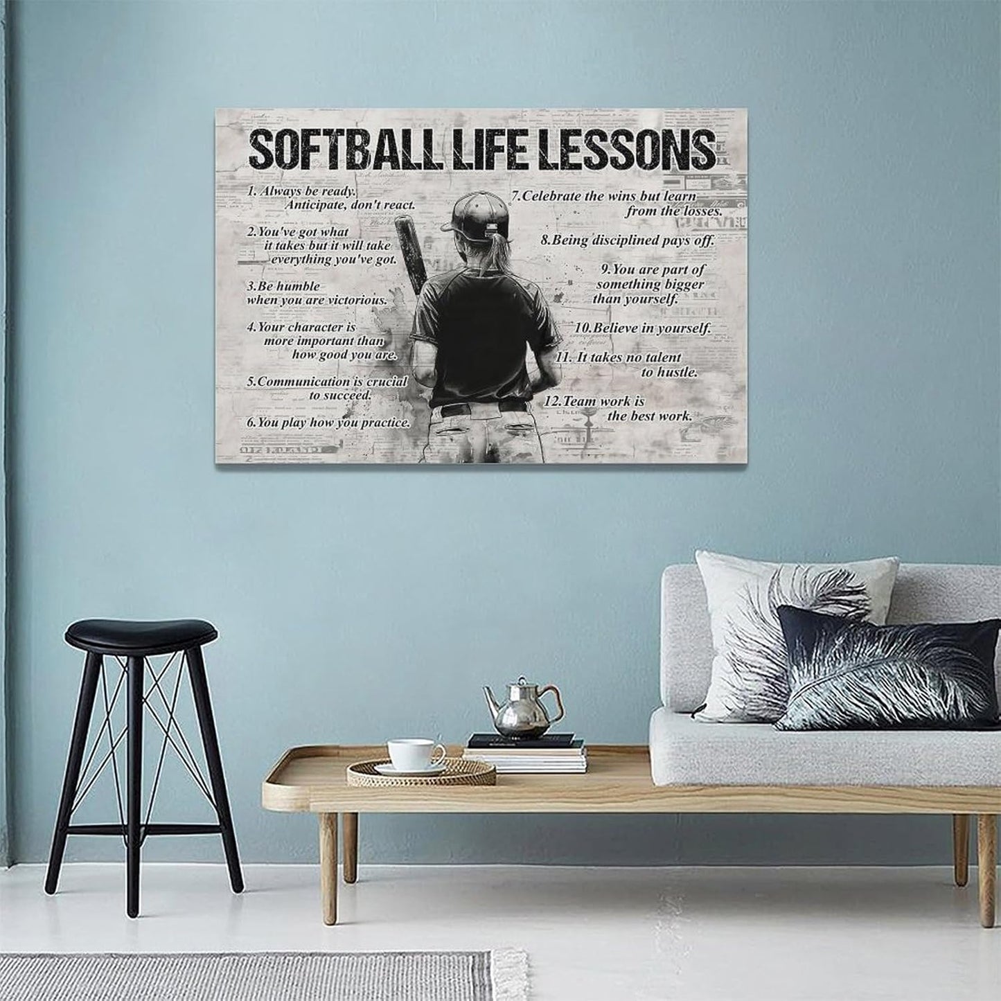 Softball Sports Wall Art Softball Life Lessons Wall Decor Softball Sign Retro Poster Boy Girls Men Room Motivational Decorations Canvas Print Painting Artwork for Bedroom Bathroom Living Room 24"x16"