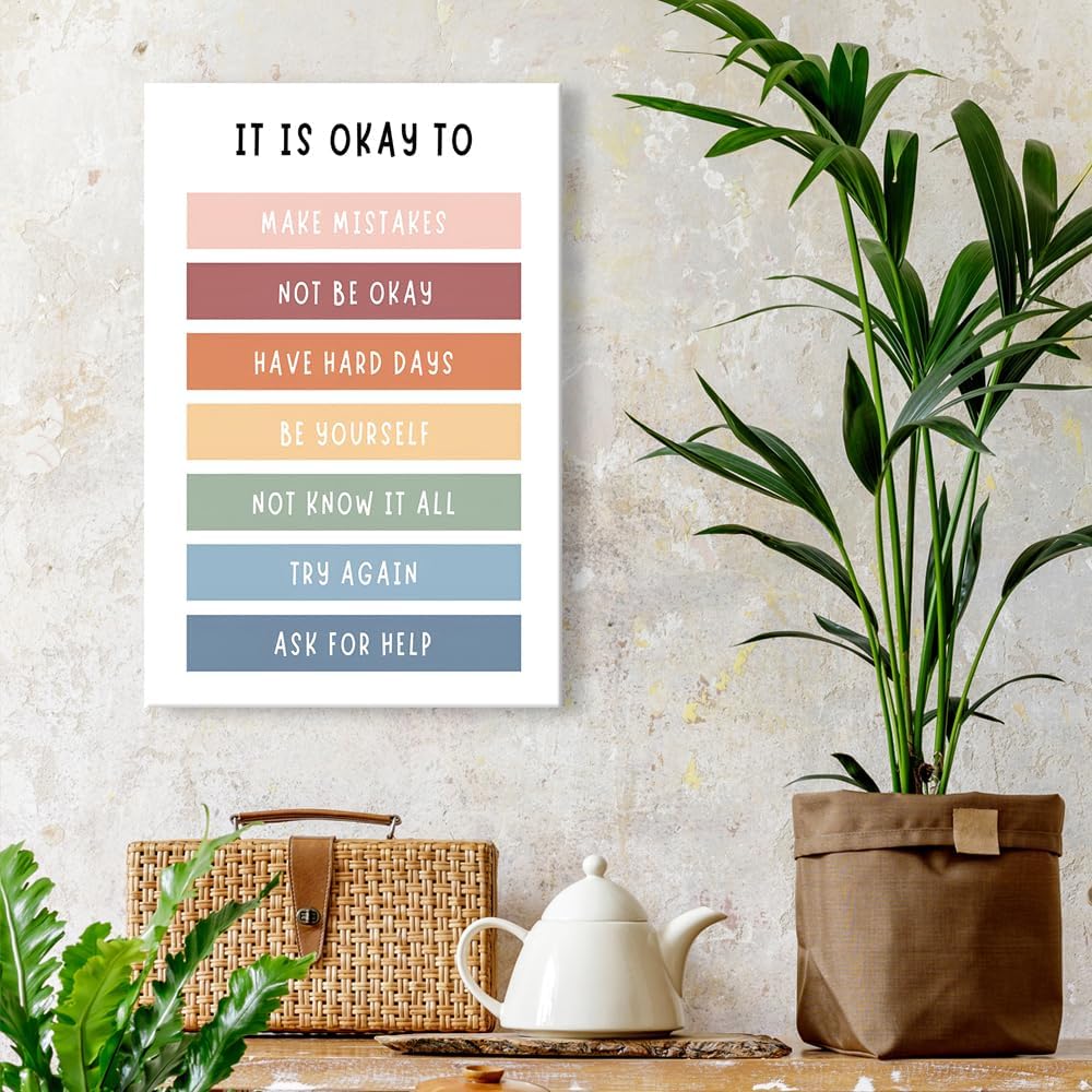 uoyien Growth Mindset Mental Health Posters Boho Classroom Playroom Therapy Wall Decor Affirmations Quotes Canvas Wall Art Kids Educational Prints For Calming Corner Decoration 12x16in Wood Framed